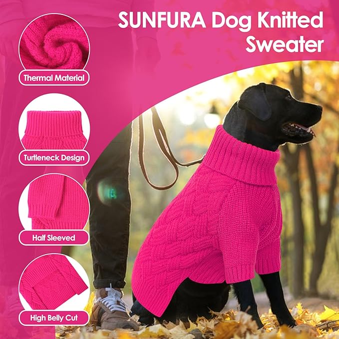 SUNFURA Dog Sweater, Medium Dog Sweaters Doggie Pullover for Fall Winter, Fleece Pet Christmas Sweaters for Holiday, Warm Turtleneck Knitwear for French Bulldog, Boston Terrier, Hot Pink M