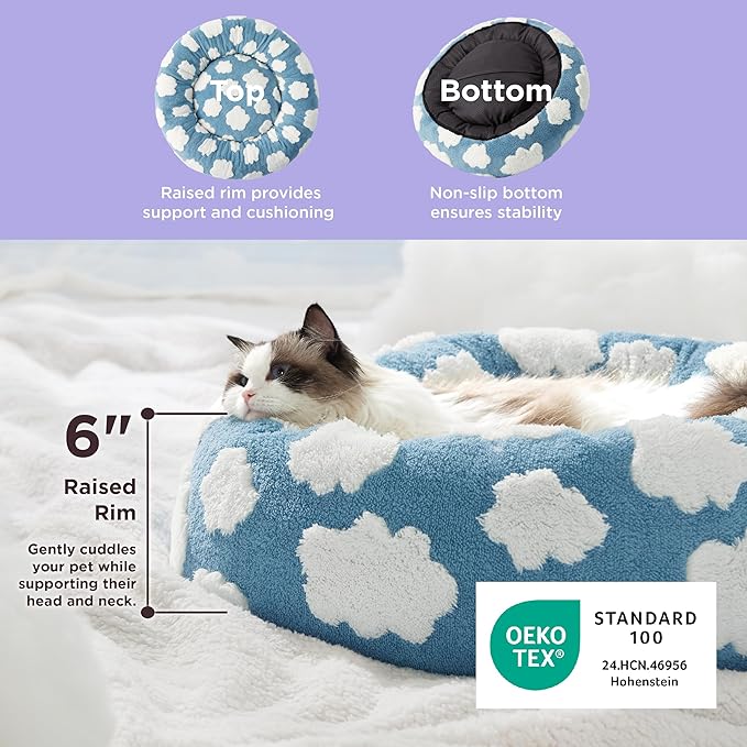 LE SURE Donut Cat Beds for Indoor Cats - Small Round Dog Bed for Calming Pets as Gift with Washable Cover, Cute Modern Puppy Beds with Jacquard Shaggy Plush & Anti Slip Bottom, 20 Inch, Blue