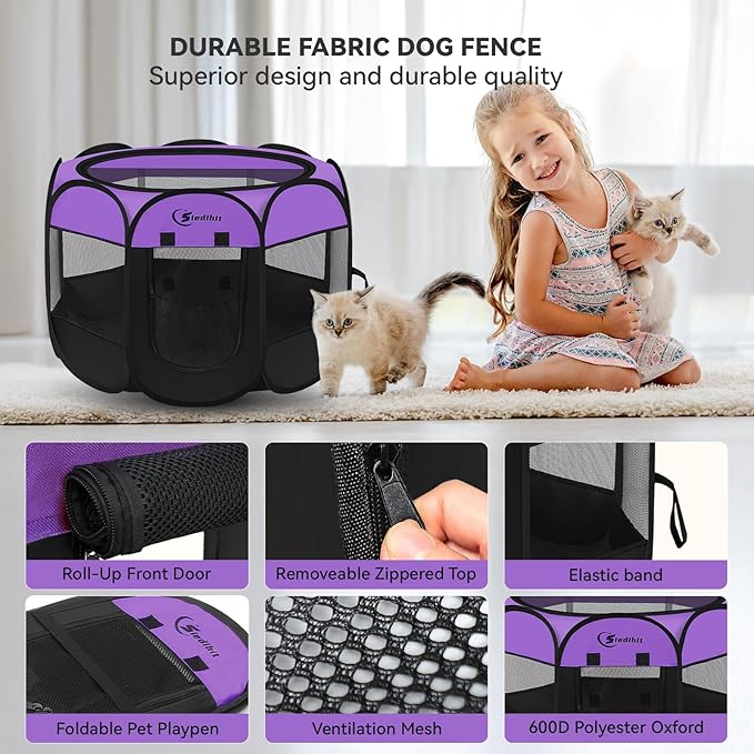 Dog Cat Playpen, Puppy Pet Playpen, Small Dogs Tent Crates Cage Indoor/Outdoor, Portable Pop Up Dog Kennel Playpen with Carrying Case for Dogs/Cats/Rabbits,Purple