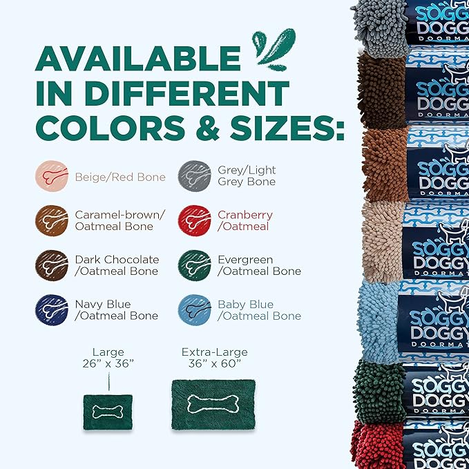 Soggy Doggy Doormat with Bone Design - Ultra Absorbent Microfiber Chenille Wet Dog Mat for Muddy Paws - Non-Slip and Machine Washable (Evergreen/Oatmeal Bone, Extra-Large 36” x 60”)