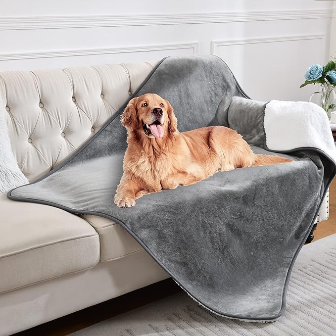 Waterproof Blanket for Bed Couch Sofa, Soft Liquid Pee Proof Pet Blanket for Dog Puppy Cat, Reversible Sherpa Fleece Furniture Protector (Grey, 60x80 inches)