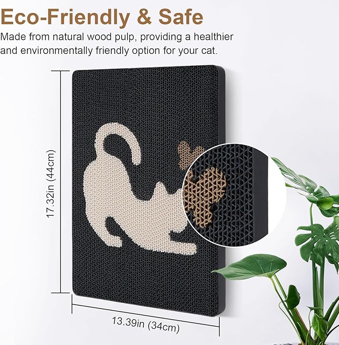 Ownpets Wall Cat Scratcher, Cute Vertical Cat Scratching Board, Wall Mounted Cat Scratch Pad for Wall, Glass, Wood, and Tile, Furniture Protector, Black