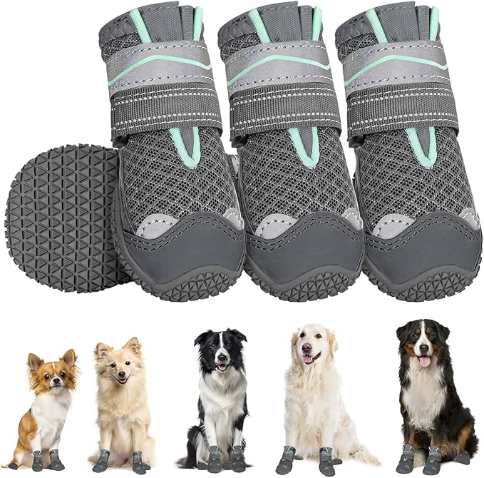 SlowTon Dog Shoes for Large Small Medium Dogs - Breathable Dog Boots for Summer Hot Pavement, Paw Protector for Outdoor Walking Winter Snow, Anti-Slip Rubber Dog Booties for Hardwood Floor (Gray, 1)