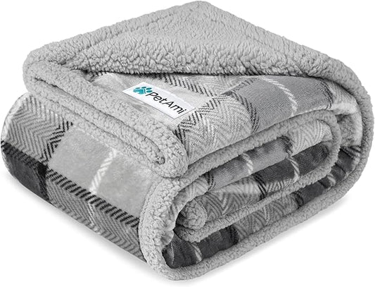 PetAmi Waterproof Dog Blanket for Small Medium Dog Puppy Cat Throw for Couch Cover Leakproof Protection, Sherpa Fleece, Reversible Soft Washable 29x40 Plaid Light Gray
