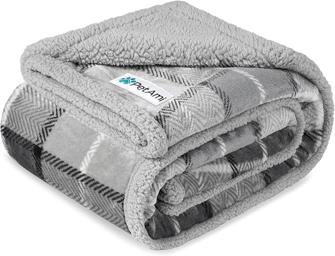 PetAmi Waterproof Dog Blanket for Medium Large Dog Puppy Cat Throw for Couch Cover Leakproof Protection, Sherpa Fleece, Reversible Soft Washable 60x40 Plaid Light Gray