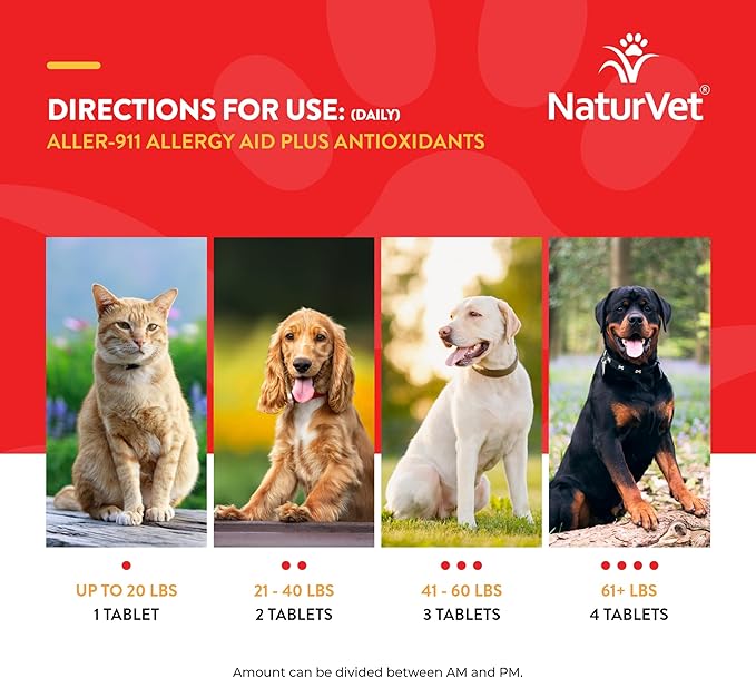 NaturVet Aller-911 Advanced Allergy Aid for Dogs, Cats – Antioxidant-Rich Pet Supplement with Omegas, DHA, EPA – Helps Support Dog Immune System, Cat Respiratory Health, Skin Moisture 60 Ct.
