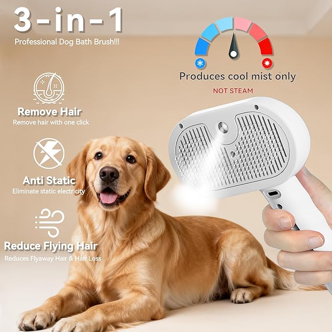 Dog Steam Brush 3-in-1 Spray Bath Brush for Dog and Cat, Pet Hair Removal Comb for Long & Short Haired Pets, Self Cleaning Grooming Brush Can Help to Comb a Pet's Fur and Remove Fleas