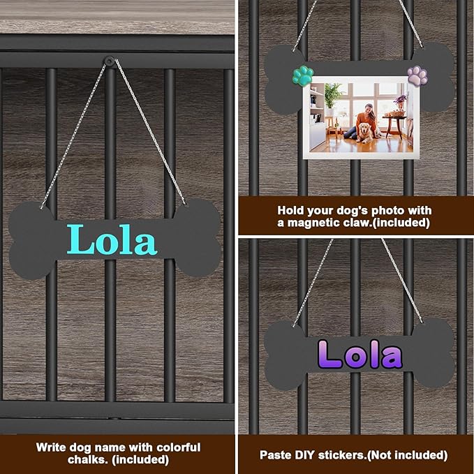 EasyCom Foldable Dog Crate Furniture, 31.5" Dog Crates for Small/Medium Dogs, Wooden Dog Kennel Indoor with Tag & Adjustable Dog Bowls, Dog Cage Use as End Table/TV Stand, Oak Grey