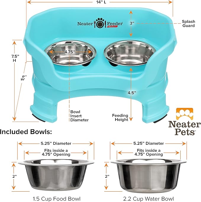 Neater Feeder Deluxe Mess Proof Dog Bowls Elevated for Small Breeds – Made in USA – No Spill Raised Dog Food Bowl Stand w/Leg Extensions – Stainless Steel Dog Food and Water Bowl Set – Teal