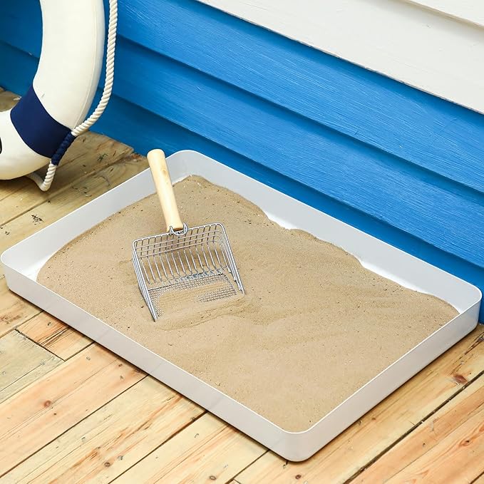 Maxdot 2 Pcs Low Entry Litter Box Reusable Senior Cat Litter Box Easy Cleaning Cat Trayes with 2 Metal Cats Shovel for Pet No Stains, Scratches or Odors with Improved Clamp-on Flip Cover, PE