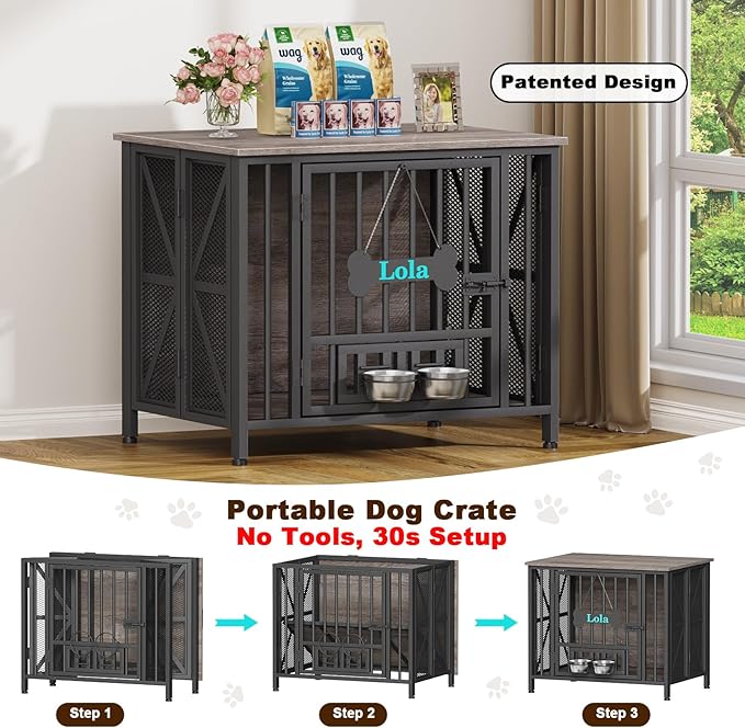 EasyCom Foldable Dog Crate Furniture, 31.5" Dog Crates for Small/Medium Dogs, Wooden Dog Kennel Indoor with Tag & Adjustable Dog Bowls, Dog Cage Use as End Table/TV Stand, Oak Grey