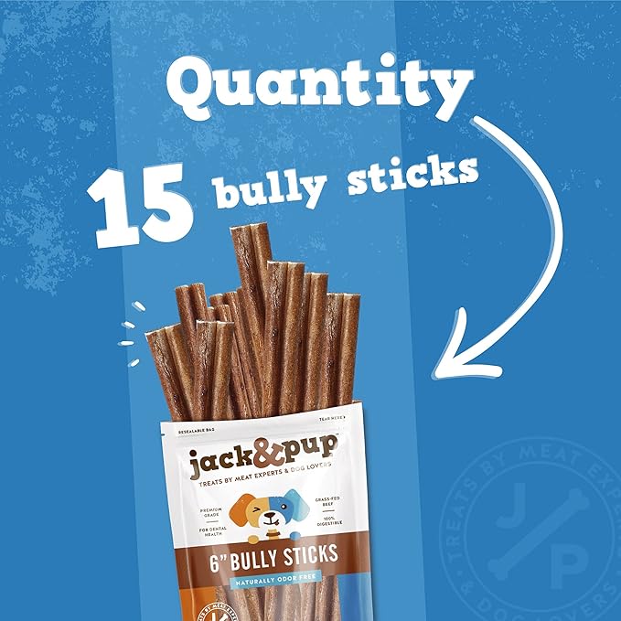 Jack&Pup 6 Inch Bully Sticks for Medium Dogs | Thick Odor Free Bully Sticks for Large Dogs | All Natural Beef Pizzle Sticks (Thick, 15 Pack)