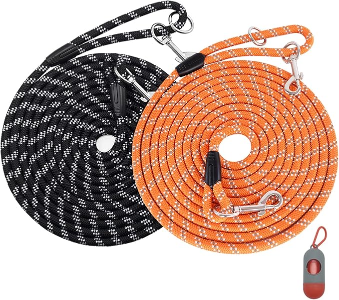 (2 Pack) Long Dog Leash for Dog Training 15FT/30FT/50FT, Dog Rope Check Cord with Reflective Thread for Large Medium Small Dogs, Dog Tie-Out Cable Lead for Hunting, Camping&Backyard
