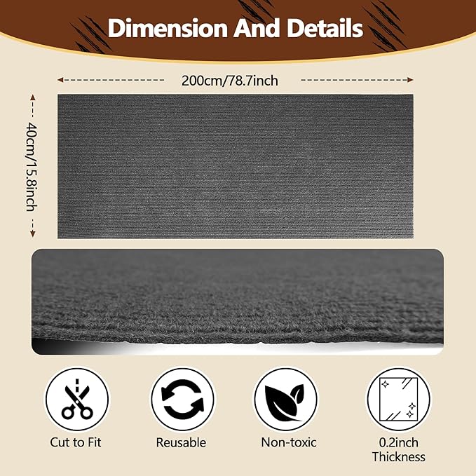 Cat Scratch Furniture Protector, 78.7"x15.8" Self Adhesive Cat Scratch Mat Pad,Cut to Fit DIY Replacement Carpet for Tree,Wall,Bed,Door, Couch Protector (Dark Grey)