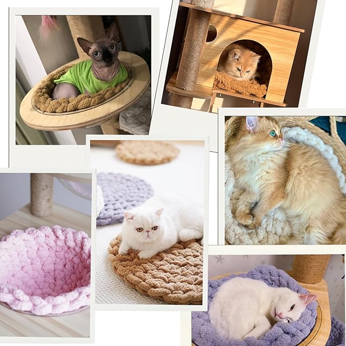 Cat Knitted Bed Mat, Extra-Soft Washable Warm Round Pads Cushions for Indoor Kittens, Cat Trees Towers, Perfect for Kneading and Sleeping (White,Small)