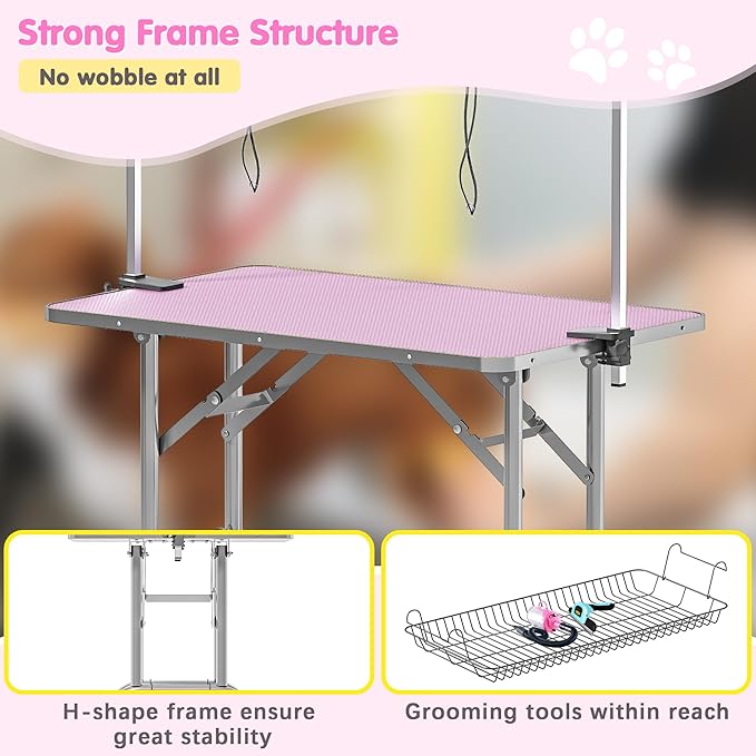 Lyromix Dog Grooming Table, Adjustable Large Pet Drying Desktop, Foldable Bathing Desk with Arms, Noose, Mesh Tray, Maximum Capacity Up to 330Lb
