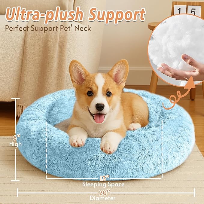 JOLLYVOGUE Small Dog & Cat Beds for Indoor Cats, Donut Cuddler Warming Soft Dog Beds with Anti-Slip Bottom, Round Calming Fluffy Plush Faux Fur Cushion Bed for Small Dogs (20", Light Blue)