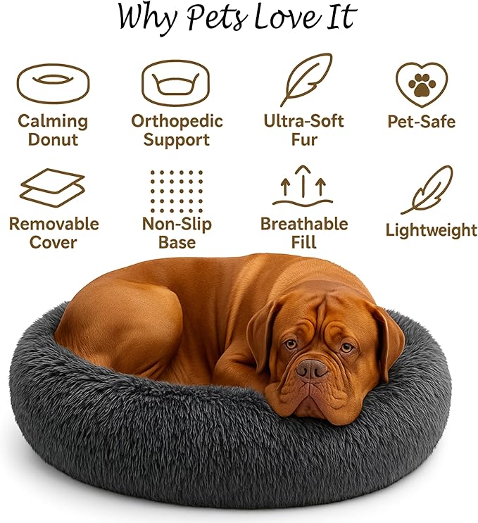 Calming Dog Bed - Fluffy Donut Cuddler for Anxiety Relief, Orthopedic Pet Bed with Non-Slip Bottom, Cozy Round Faux Fur Nest for Dogs and Cats, Plush Crate Mat for Comfort (Dark Grey, X-Large)