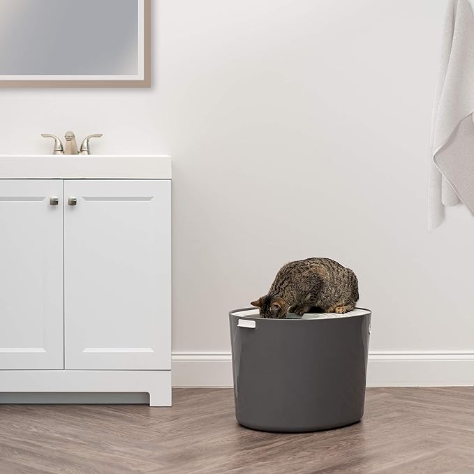 IRIS USA Cat Litter Box, Large Top Entry with Litter Catching Lid and Scoop, Dog Proof, Cat Box Enclosure, Dark Gray/White
