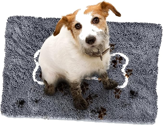 Soggy Doggy Doormat with Bone Design - Ultra Absorbent Microfiber Chenille Wet Dog Mat for Muddy Paws - Non-Slip and Machine Washable (Gray/Light Gray Bone, Large 26” x 36”)