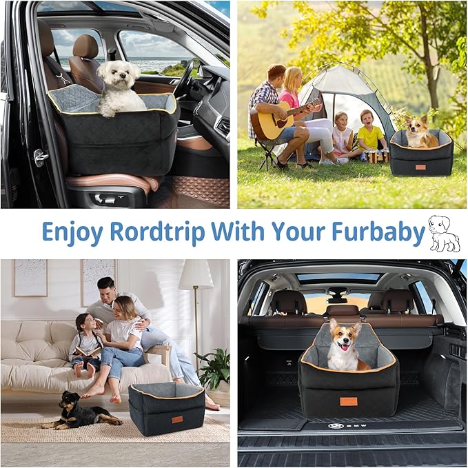 Dog Car Seat - Memory Foam Booster for Small Dogs 0-35 lbs, Anti-Slip with 2 Adjustable Leashes, Elevated Dog Travel Bed with Storage Pockets