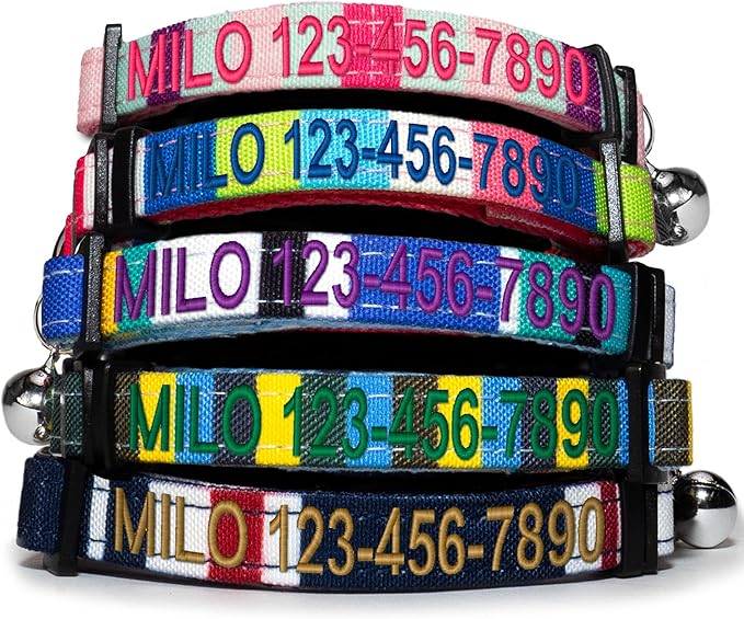 Pawtitas Personalized Cat Collar with Safety Buckle and Removable Bell - Multicolor, Adjustable, Customized Cat Collar - Blue/Teal/Yellow
