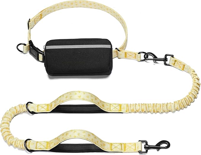 iYoShop Hands Free Dog Leash with Zipper Pouch, Dual Padded Handles and Durable Bungee for Walking, Jogging and Running Your Dog (Yellow Heart, Large)