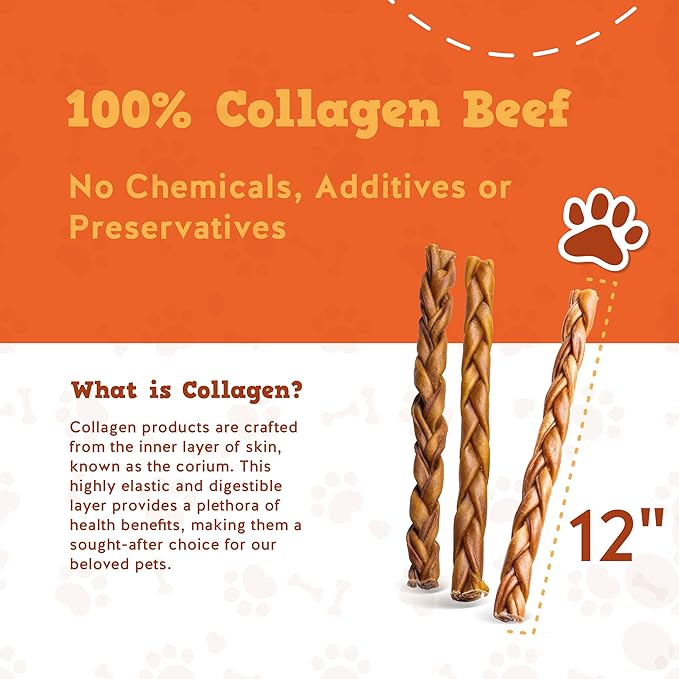 Jack&Pup 12" Braided Beef Collagen Sticks for Dogs - Rawhide Free Dog Chews Long Lasting Collagen Chews for Dogs - Bully Sticks Alternative (8 Pack)