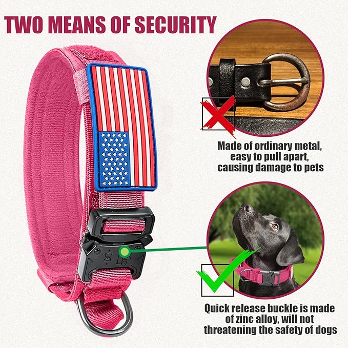Tactical Military Collar - Adjustable Nylon, Heavy Duty Metal Buckle with Handle for Dog Training, with Patches (Pink, L)
