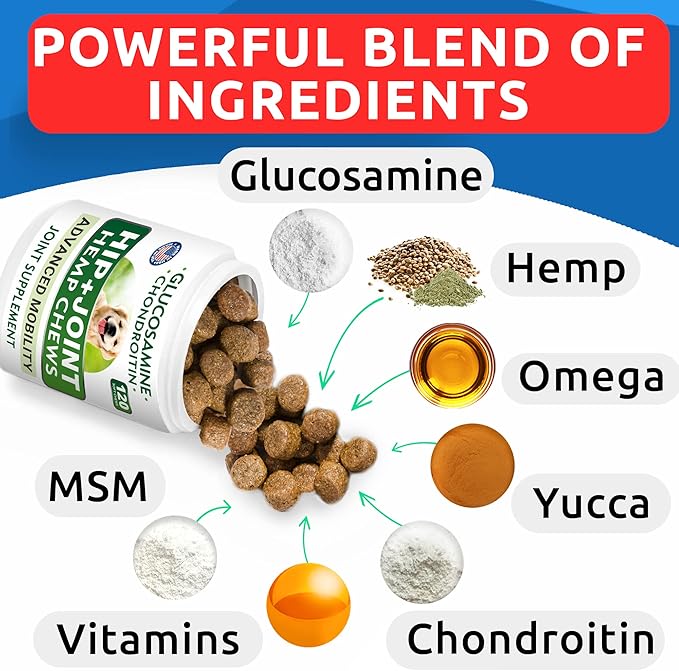 Hemp + Glucosamine Treats for Large Dogs - Natural Joint Pain Relief - Hip & Joint Supplement w/MSM + Chondroitin + Hemp Oil + Omega 3 - Joint Pain Relief - Made in USA - Chicken Flavor - 360 Chews