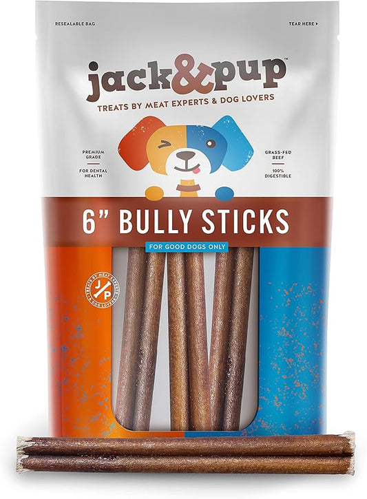 Jack&Pup 6 Inch Bully Sticks for Medium Dogs (3 Pack) Single Ingredient Dog Chews Long Lasting, Pizzle Sticks for Dogs