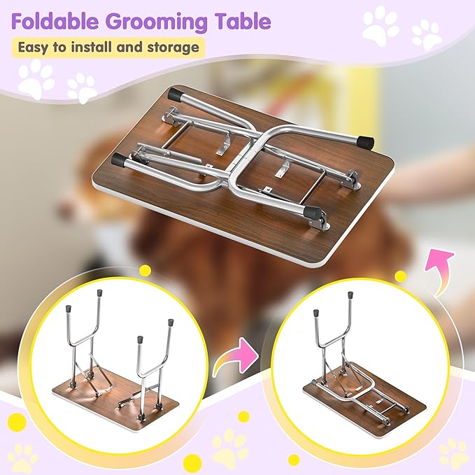 Lyromix Dog Grooming Table, Adjustable Large Pet Drying Desktop, Foldable Bathing Desk with Arms, Noose, Mesh Tray, Maximum Capacity Up to 330Lb