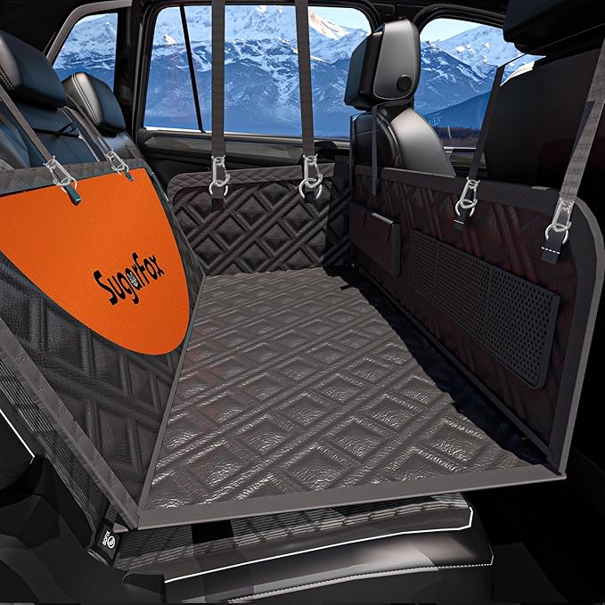 Dog Back Seat Extender & Car Seat Cover - Upgraded PU Leather, Hard Bottom Holds 400lbs, Waterproof Anti-Scratch Dog Hammock for Cars, SUVs, Trucks Easy to Clean + Pets Safety Belt (BLACK-XL)