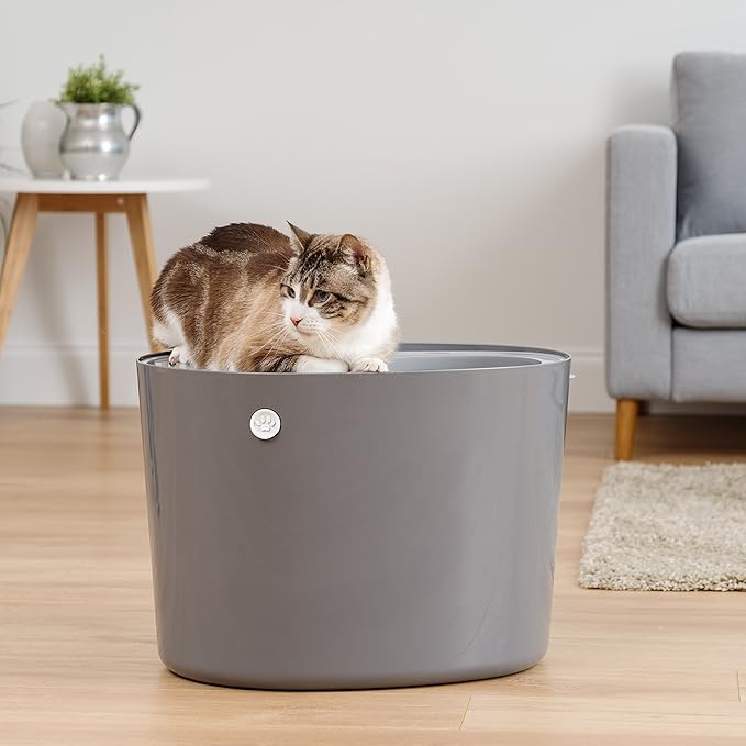 IRIS USA Cat Litter Box, Large Top Entry with Litter Catching Lid and Scoop, Dog Proof, Cat Box Enclosure, Dark Gray/White