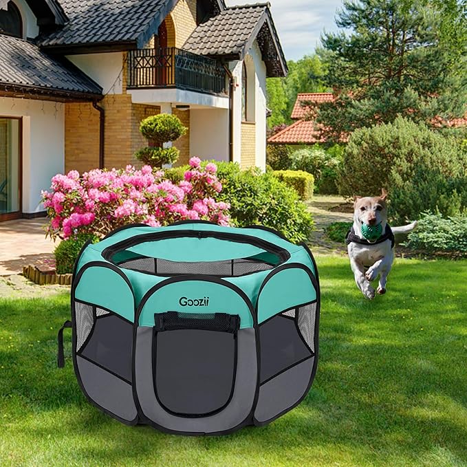 Pet Cat Playpen for Indoor Cats Enclosed, Puppy Dog Play Pen for Outdoor Travel Camping (Small Size, Green & Dark Grey)