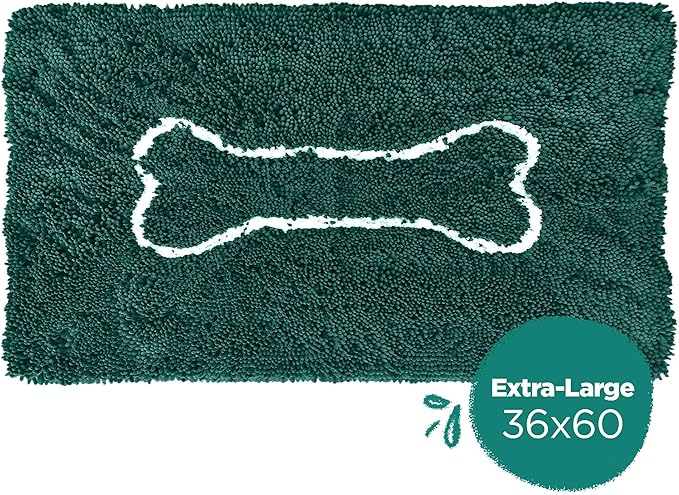 Soggy Doggy Doormat with Bone Design - Ultra Absorbent Microfiber Chenille Wet Dog Mat for Muddy Paws - Non-Slip and Machine Washable (Evergreen/Oatmeal Bone, Extra-Large 36” x 60”)