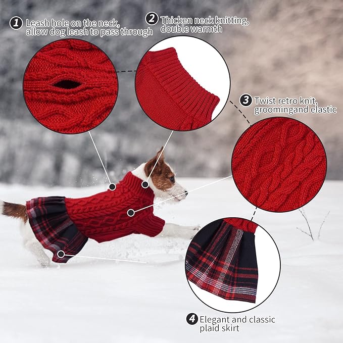 FUAMEY Dog Sweater, Warm Dog Christamas Sweater Dress Classic Plaid Turtleneck Sweaters Knitwear Cold Weather Dogs Pullover for Small Medium Dogs Puppies & Cats Bulldogs Corgi with Leash Hole
