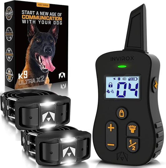 INVIROX Dog Shock Collar [Ultra K9] 124 Training Levels, 4 Powerful Modes with Night-Light and ¾ Mile Range 100% Safe Dog Training Collar for Large Dogs IP67 Waterproof (Double Receiver)