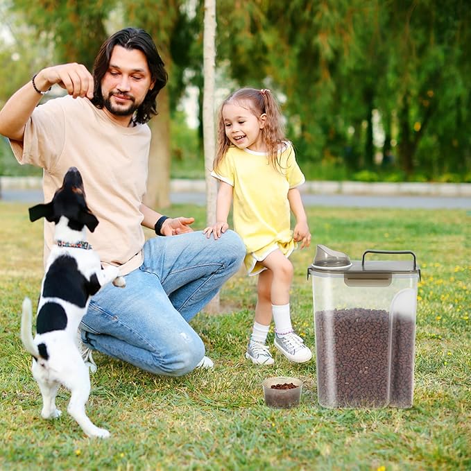 Large Spout Pet Food Storage Container, 10LBS Meter Dispenser with Handle,Measuring Cup, Double Sealing Tape and 4 Safety Snaps to Seal Dog Food and Cat Food