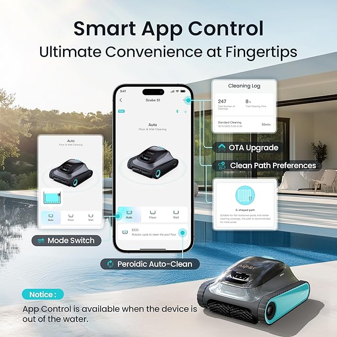 (2025 Upgrade) Aiper Scuba S1 Robotic Pool Cleaner, Wall & Waterline Cleaning, Double Filtration, Extended 180-Min Battery Life, Smart Navigation, App Support, OTA Upgrade
