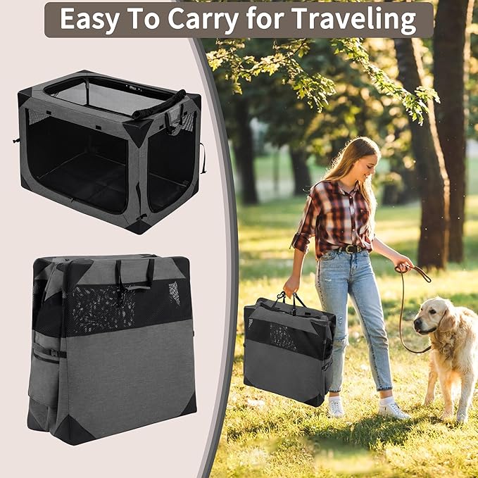 Dog Crates - 36 Inch Collapsible Soft Dog Crate, 3-Door Foldable Soft Kennel for Large Dogs, Portable Pet Travel Cage with Chew Proof Mesh Window for Indoors & Outdoors（Dark Gray）
