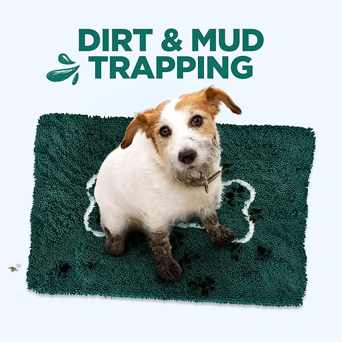 Soggy Doggy Doormat with Bone Design - Ultra Absorbent Microfiber Chenille Wet Dog Mat for Muddy Paws - Non-Slip and Machine Washable (Evergreen/Oatmeal Bone, Large 26” x 36”)