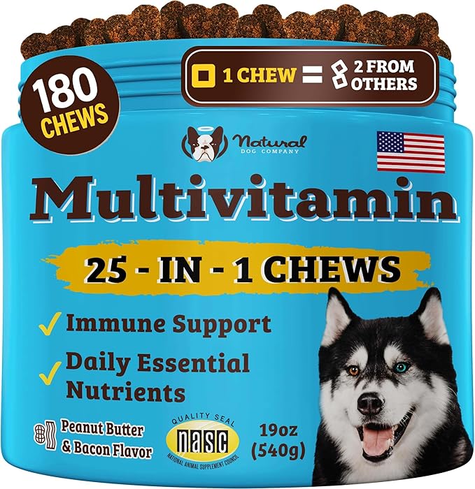 Natural Dog Company 25-in-1 Multivitamin Chews for Dogs – 180 Count Value Pack – Daily Soft Dog Vitamins with Antioxidants, Zinc & Folic Acid – Supports Joints, Skin & Coat, Immune & Heart Health
