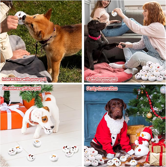 32 Pcs Christmas Dog Toys Squeaky Plush Balls, Soft Puppy Snowball with Dog & Snowman Smile, Christmas Pet Squeaker Fluffy Ball for Interactive Small & Medium Dogs, Xmas Toys Party Decorations