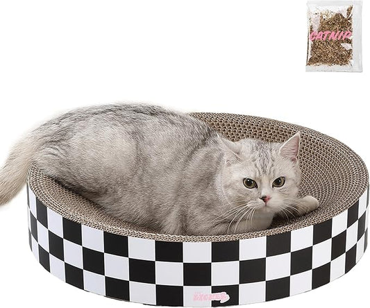 CSR1010F Nelson 20.13" Modern Cardboard Round Bowl Cat Scratcher with Catnip, Checkered