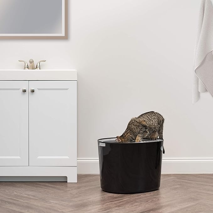 IRIS USA Cat Litter Box, Large Top Entry with Litter Catching Lid and Scoop, Dog Proof, Cat Box Enclosure, Black/Gray