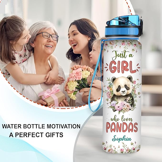 Hyturtle Personalized Panda Lovers 32 Oz 1Liter Motivational Water Bottle With Time Marker, Just A Girl Who Loves Pandas, Animal Lovers Gifts For Women, Girl On Birthday, Christmas
