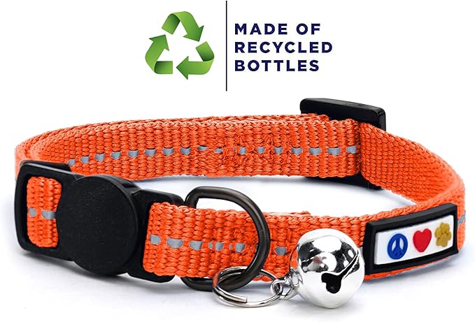 Pawtitas Recycled Cat Collar with Reflective Stitched and Safety Buckle Removable Bell Reflective Cat Breakaway Collar Made from Plastic Bottles - Orange Habanero Cat Collar.