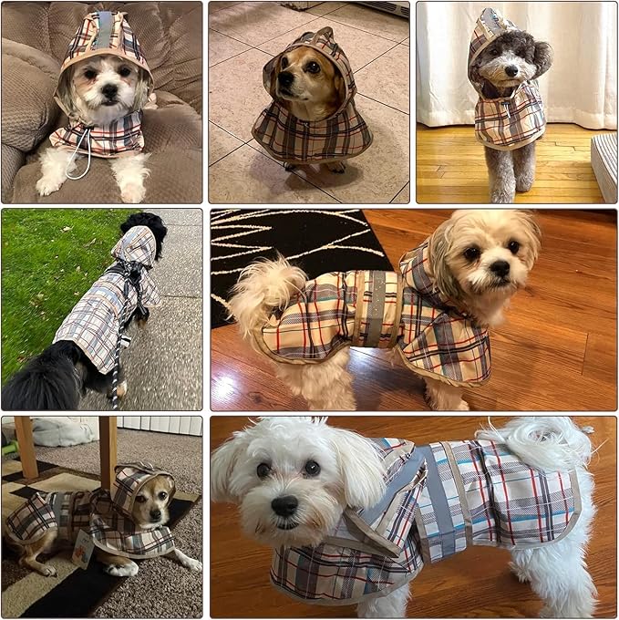 KOOLTAIL Dog Raincoat Hooded Slicker Poncho with Leash Hole, Raincoat for Small Medium Dogs, Waterproof Doggie Rain Jacket with Reflective Strip, Adjustable Breathable Plaid Puppy Rainwear-Beige ML