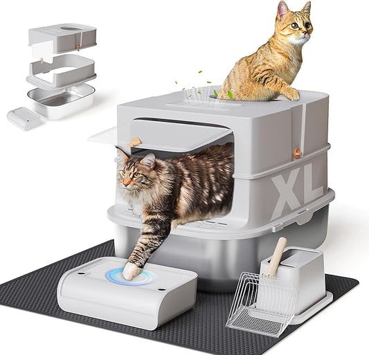 Jalove Stainless Steel Cat Litter Box with Lid, XL Extra Large Metal Litter Box for Big Cat, Covered Enclosed Kitty Litter Boxes, High Sided Enclosure with Scoop & Mat, Easy Cleaning, Light Gray